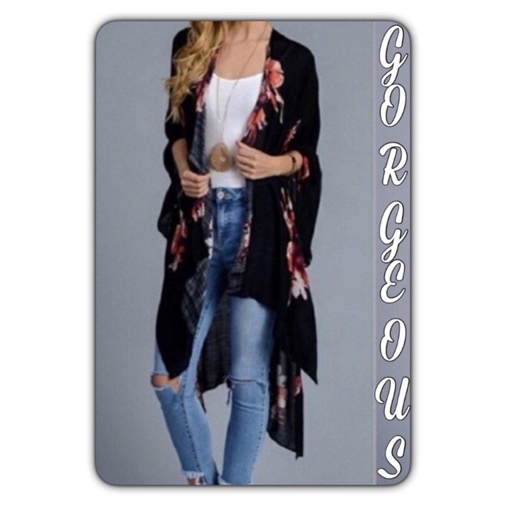 Boho Lightweight Black Floral Kimono Wrap Coverup - Picture 6 of 7